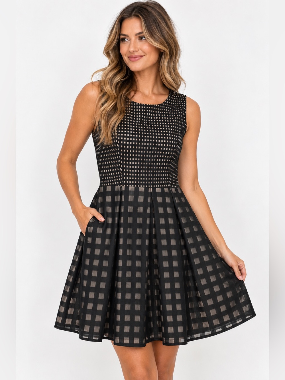 Trina Turk Black and Beige Fit-and-Flare Sleeveless Dress